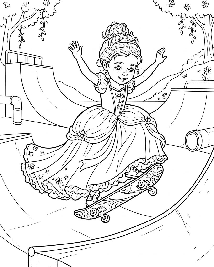 A coloring page of a girl as a princess on a skateboard at a skate park